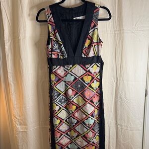 Trina Turk Multicolor  V-Neck Midi Dress with Black Trim